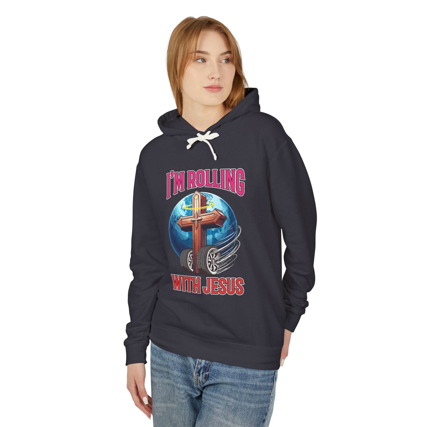 IM ROLLING WITH JESUS Lightweight Hooded Sweatshirt Pink Font Print