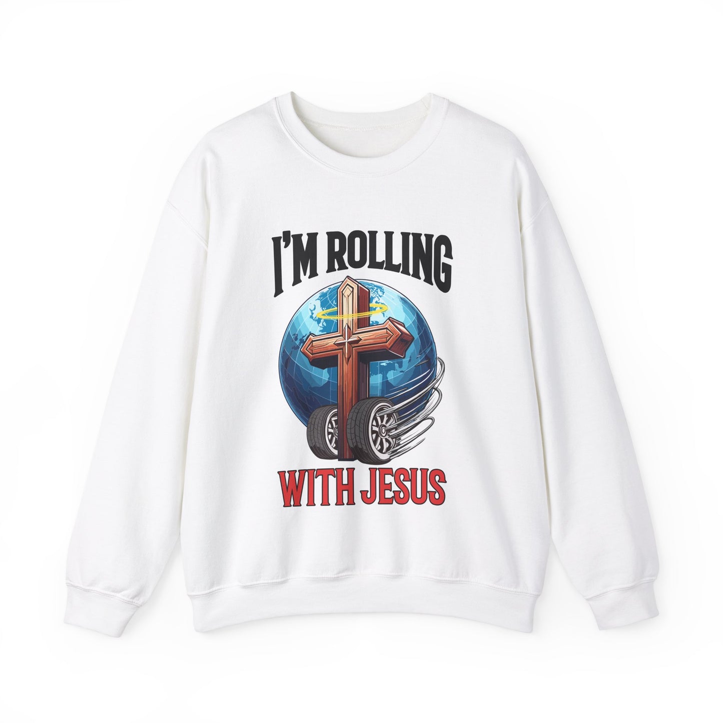 IM ROLLING WITH JESUS Heavy Blend™ Crewneck Sweatshirt Black Font Print