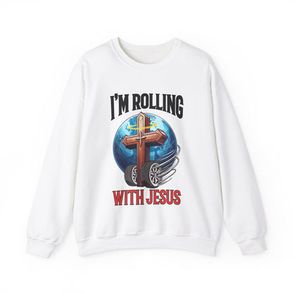 IM ROLLING WITH JESUS Heavy Blend™ Crewneck Sweatshirt Black Font Print