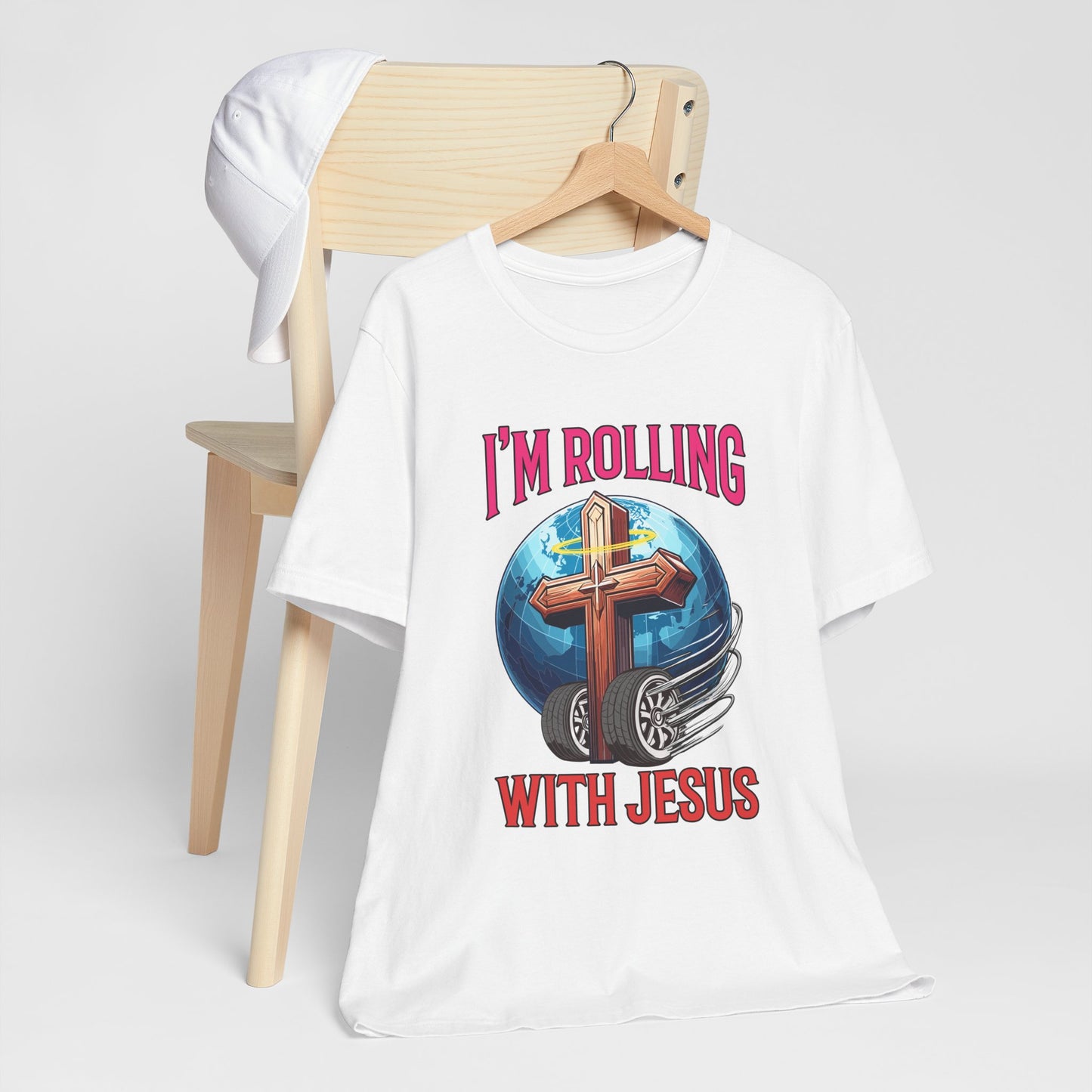 IM ROLLING WITH JESUS Regular Short Sleeve Tee Pink Font Print