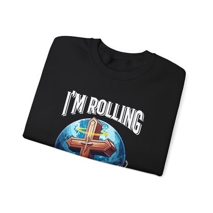 IM ROLLING WITH JESUS Heavy Blend™ Crewneck Sweatshirt White Font Print