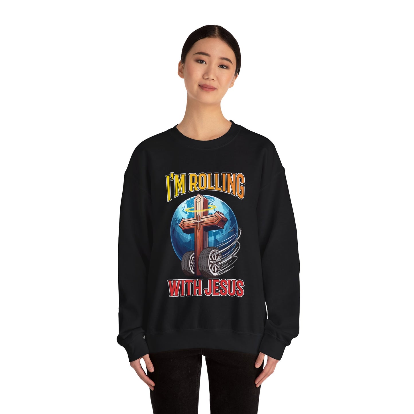 IM ROLLING WITH JESUS Heavy Blend™ Crewneck Sweatshirt Gold Font Print