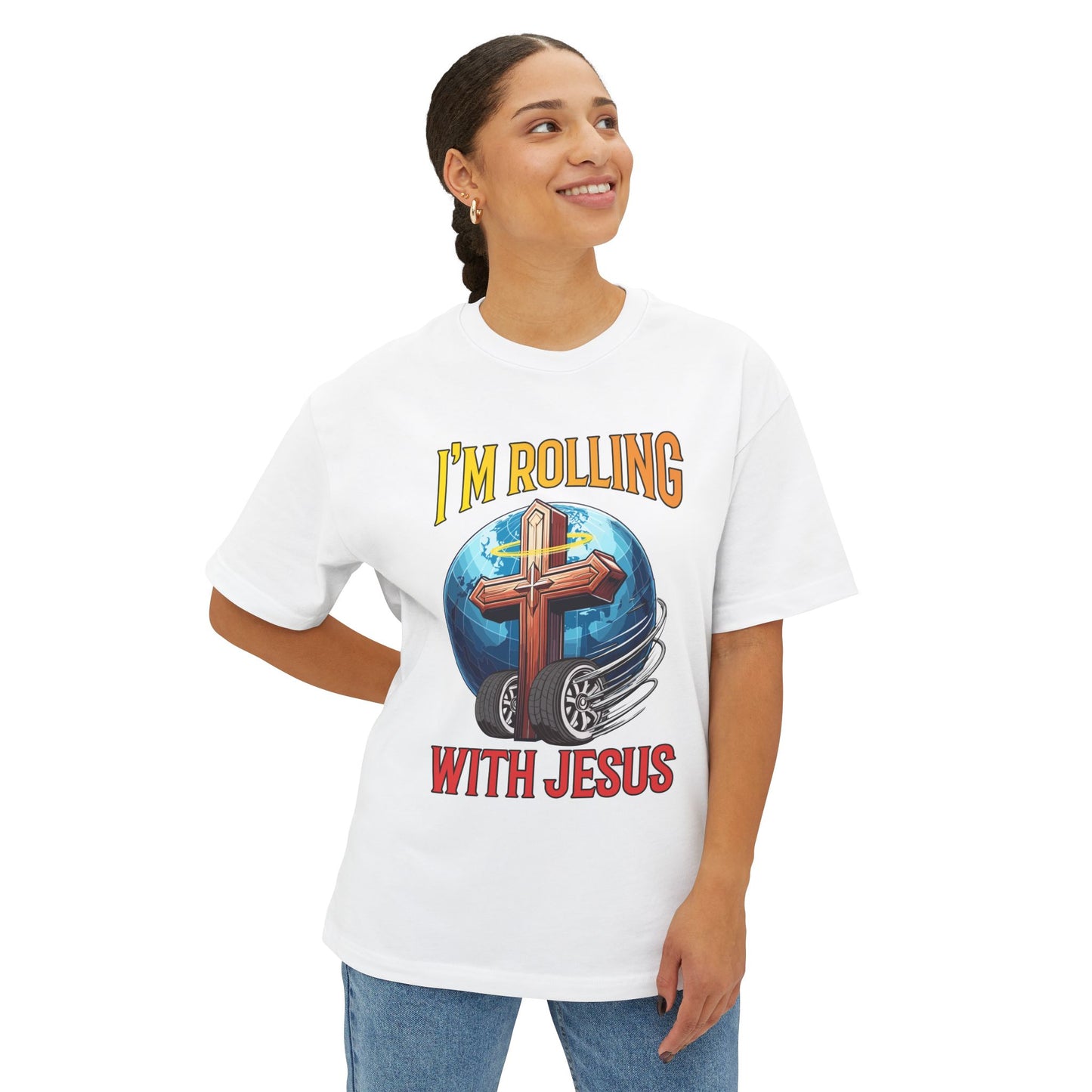 IM ROLLING WITH JESUS Oversized Tee Gold Font Print