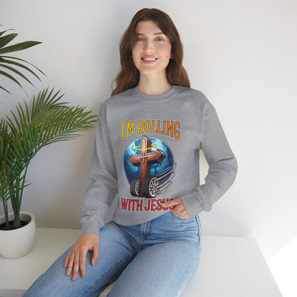 IM ROLLING WITH JESUS Heavy Blend™ Crewneck Sweatshirt Gold Font Print