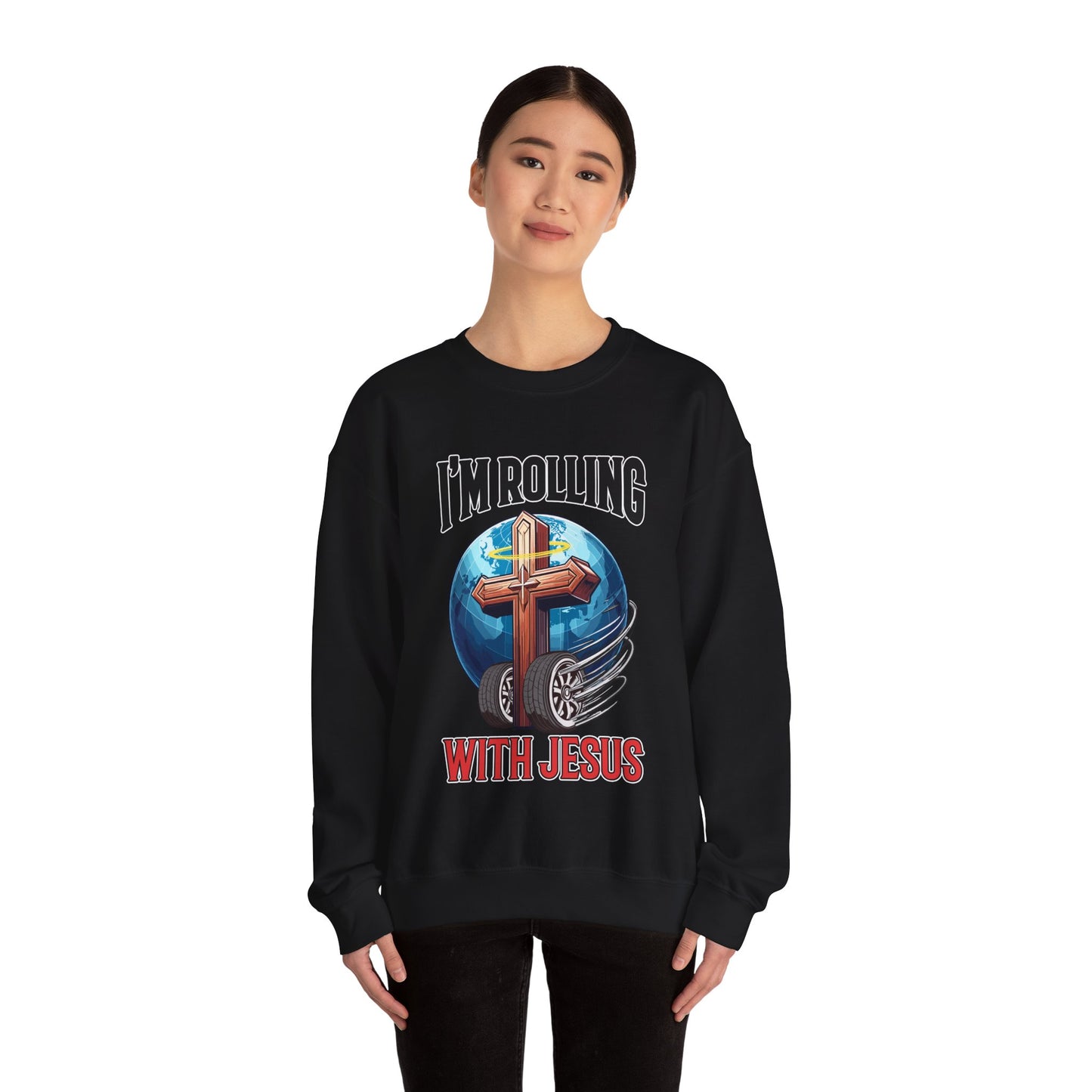 IM ROLLING WITH JESUS Heavy Blend™ Crewneck Sweatshirt Black Font Print